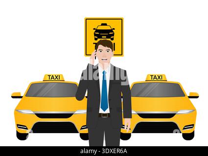Taxi Service. Man Using Smartphone to Call Taxi. Vector Illustration. Stock Vector