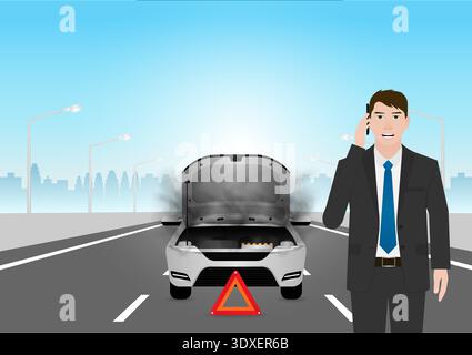 Car Breakdown. Man Using Smartphone to Call a Car Service or Mechanic for Help after Car Breakdown. Vector Illustration. Stock Vector