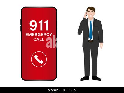 911 Emergency Call. Man Calling 911. Vector Illustration. Stock Vector