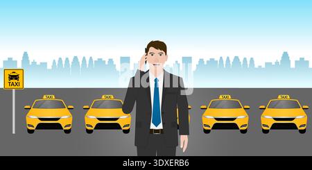 Taxi Service. Man Using Smartphone to Call Taxi. Vector Illustration. Stock Vector