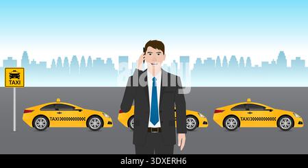 Taxi Service. Man Using Smartphone to Call Taxi. Vector Illustration. Stock Vector