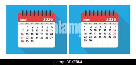 June 2026 calendar templates with Sunday and Monday week starts Stock Vector