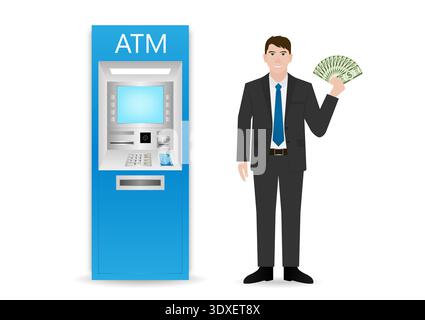 Businessman Withdrawing Money from ATM. Vector Illustration. Stock Vector