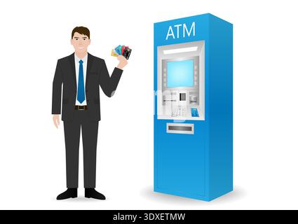 Businessman Using Credit Card to Withdraw Money from ATM. Vector Illustration. Stock Vector