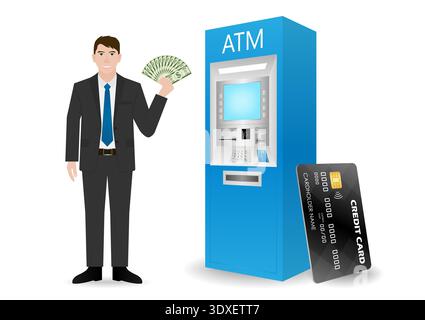 Businessman Withdrawing Money from ATM. Vector Illustration. Stock Vector
