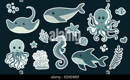 Cute vector underwater animal set with whale, shark, octopus, stingray, jellyfish and seahorse. Ocean sticker collection in blue tones, perfect for Stock Vector