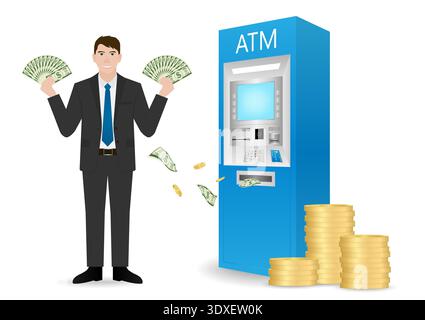 Businessman Withdrawing Money from ATM. Vector Illustration. Stock Vector