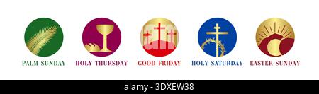 Set of Christian icons for Holy Week celebration. Colorful and golden design Stock Vector