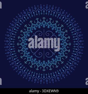 Intricate circular mandala with vibrant gradient from purple to blue and cyan on dark background. Symmetrical ornamental design ideal for tattoo sketc Stock Vector