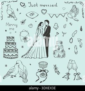 Whimsical Wedding doodle Sketch Romantic set Stock Vector