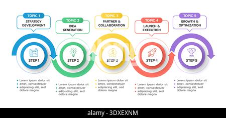 Infographic template for business. 5 Steps Modern Timeline diagram with circles and topics, presentation vector infographic timeline. Stock Vector