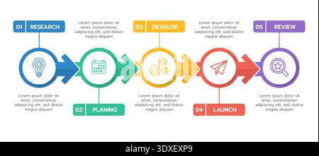 Infographic template for business. 5 Steps Modern Timeline diagram with arrows and topics, presentation vector infographic timeline. Stock Vector