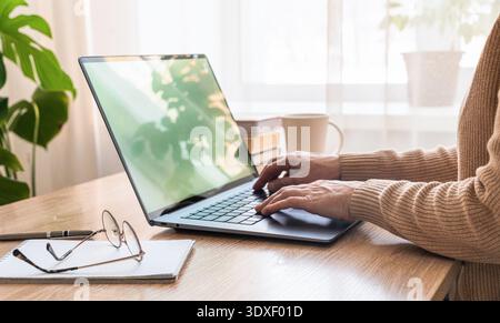 Womens hands typing on laptop keyboard, working remotely from home office desk with mug and glasses. Person typing on laptop working from home Stock Photo