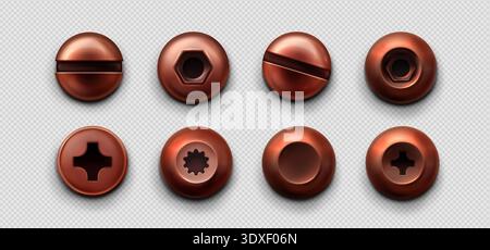 Copper screws and bolt heads collection with metal textures, realistic vector srt isolated on transparent background. Industrial bronze elements different heads, steel rivets, and vintage nail design Stock Vector