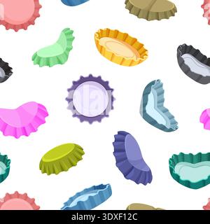 Cartoon bottle caps seamless pattern. Colorful used and broken cap for glass bottles beer or soda. Print for textile, bar wallpaper, wrapping, vector Stock Vector