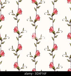 Pattern ornament blooming Convolvulus with pink buds. Bindweed flowers and branches are hand drawn on light background. Vector illustration Stock Vector