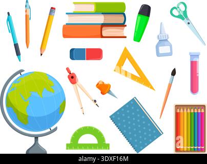 School children stationery. Educational elements for painting and writing. Pencil, books pile, notebook and diary, ruler, globe. Lesson items, sapid Stock Vector