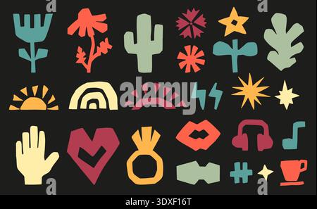 Colorful paper cutting shapes kit. Plants, flowers, leaves. Human hand and lips, music note, headphones and coffee cup. Decorative abstract design Stock Vector