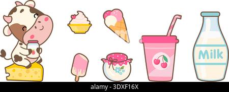 Kawaii dairy products icons set. Cute cow with cheese holding sour cream jar. Milk bottle and milkshake, ice cream, yogurt and muffin, vector elements Stock Vector