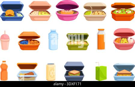 School lunch boxes. Plastic boxes with different meals, salads, meat, sandwiches. College, office snack packaging, drinks, water, juice, sapid vector Stock Vector