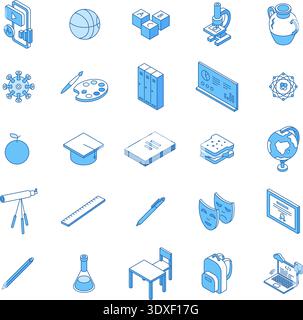 Isometric school icons. Education, lesson symbols. College university study elements. Chemistry, biology, geography, literature. Stationery and Stock Vector