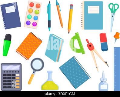 Bright cartoon school elements. Stationery for study and office. Pencil pen, scissors, notebooks and diary, marker and watercolor paints, sapid vector Stock Vector