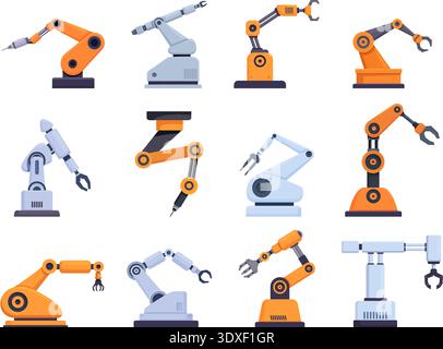 Cartoon robotic arms. Robot manipulators for factory or manufacturer. Modern industrial workers, machinery and technology. Automated hands for Stock Vector