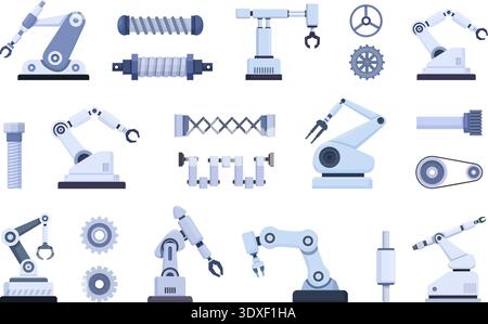 Mechanical parts. Various mechanism details for machinery, engineering. Robotic arms for manufacturing, factory elements, sapid vector industrial Stock Vector