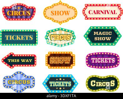 Circus text emblems. Retro style signboards for show, entertainment, carnival. Decorative signs vintage design for ticket sale, advertising banner Stock Vector