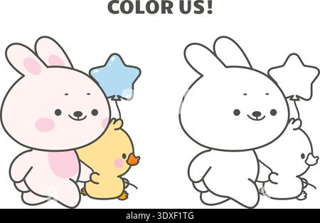 Coloring template for children with funny rabbit and duckling, with color sample. Friendship concept, cute animals walking with balloon. Kawaii vector Stock Vector