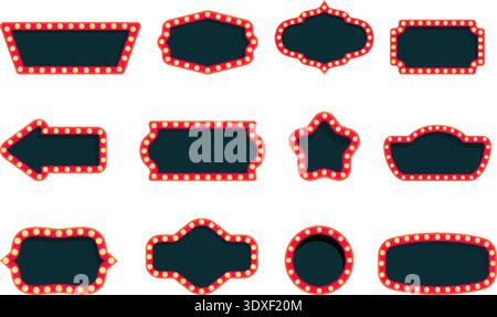 Retro bulb shine frames. Vintage lamps billboards, bulbs signs. Empty banners for cinema, theater, show programm, circus, entertainments, sapid vector Stock Vector
