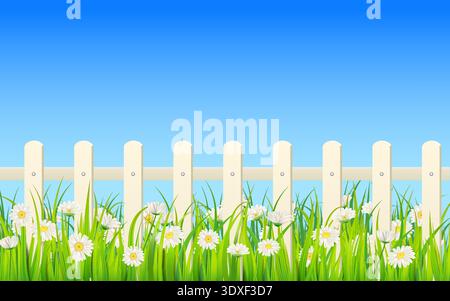 Spring Summer banner green grass, daisy flowers, white fence Stock Vector