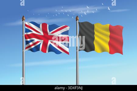 United Kingdom and Belgium flags relation with sky backgrund Stock Vector