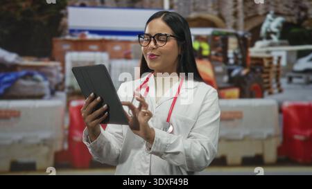 Young hispanic woman doctor holding tablet and stethoscope tapping screen in street; focused concern. Stock Photo