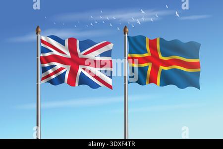 United Kingdom and Aland Islands flags relation with sky backgrund Stock Vector