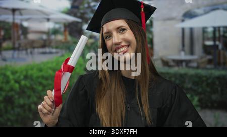 Young hispanic woman in black graduation gown holds diploma on building terrace and smiles into camera; pride. Stock Photo