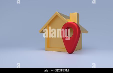 Golden house symbol linked with a red map pin, representing property location, gps navigation, and home search concepts Stock Photo