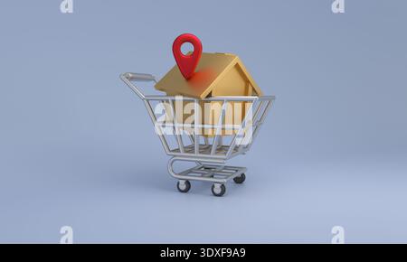Shopping cart carrying a golden house model with a red location pin, representing real estate search and property buying Stock Photo