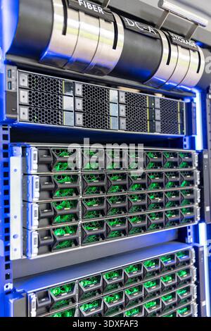High-performance data center server rack with enterprise storage and networking, ideal for bitcoin full node hosting, mining pool infrastructure, cryp Stock Photo