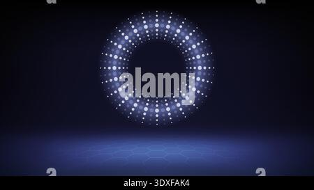 Futuristic technology stage, dim blue background. Round dotted led, neon glow. Abstract background for displaying products, presentation, advertising. Stock Vector