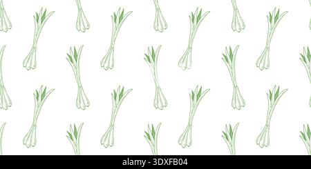 Young green onion seamless pattern in doodle sketch style. Hand drawn silhouette of an onion with stems on white background. Healthy organic food Stock Vector