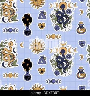 Witchy Seamless Pattern with Mystical Snake, Flowers, Moon Phase, and Sun, Bottles Magic Potion on Blue Checkered Background. Repeating Textured Hand Stock Vector