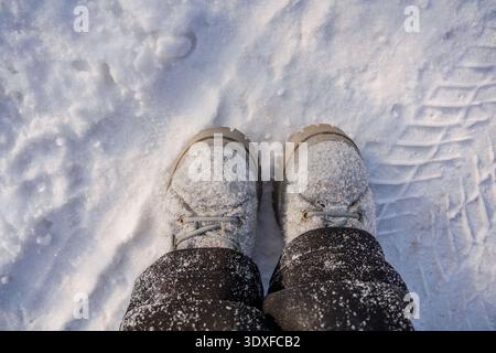 Top-down view of felt boots dusted with snow in winter Stock Photo