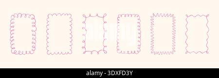 Crayon doodle scalloped frames. Chalk wavy hand drawn borders. Pink cute rectangle photo frames with crayon texture. Wavy sketch line mirror borders Stock Vector