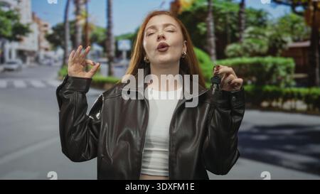 Redhead woman holding car keys with hand raised on a sunny street, wearing leather jacket and cropped white top; confidence independence. Stock Photo