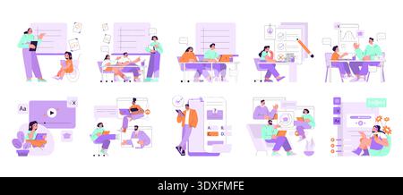 Vector illustration depicting various remote learning interactions with students and instructors using technology. Scenes highlight online teaching, collaborative study, and digital communication. Stock Vector
