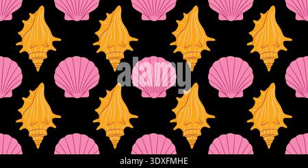 Seamless pattern with pink scallop and yellow murex seashells on black background. Hand drawn trendy flat style. Ideal for summer textiles, wrapping paper, beach themed decor Stock Vector