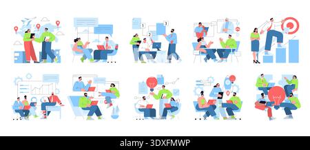 Business collaboration scenes illustrated as vector graphics. Depicts teamwork, meetings, goal achievement, and brainstorming in modern office settings, highlighting professional interactions. Stock Vector