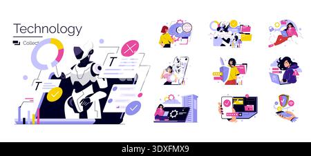 A collection of vector illustrations depicting futuristic technology and AI concepts. Features robots interacting with humans, smart devices, cybersecurity, and digital learning scenarios. Stock Vector