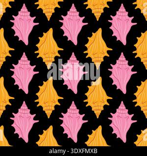 Seamless pattern of pink and yellow tropical murex seashells. Hand drawn trendy flat style on black background. Ideal for summer textiles, beach decor, and marine themed graphic designs Stock Vector